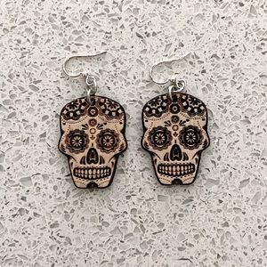 Wooden Day of the Dead Skull Earrings
